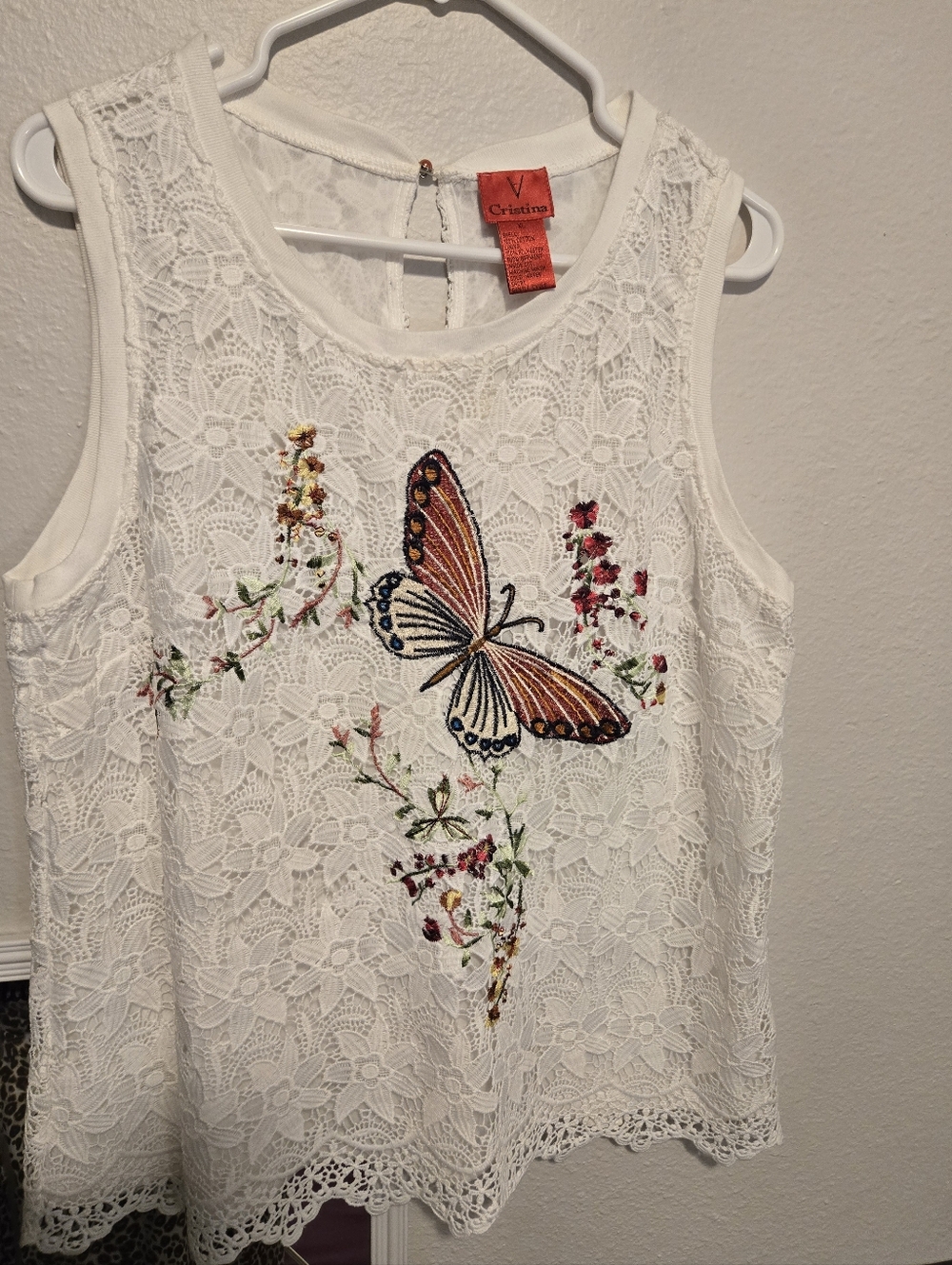 Christina White Lace Tank with Embroidered Orange Butterfly